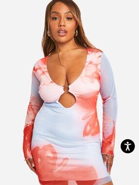 Boohoo Coral and Light Blue Tie-Dye Bodycon Dress